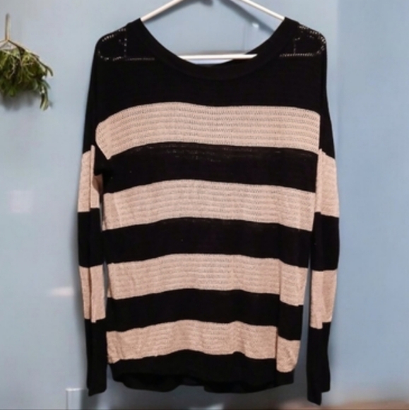 AB Studio Tan Black Stripe Button Sweater Womans sz Large Crew Neck Long Sleeve - Picture 1 of 7